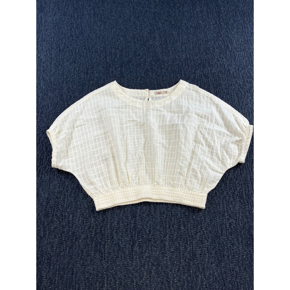 Faherty White Organic Cotton Textured Grid Smocked Crop Top Blouse Womens Medium